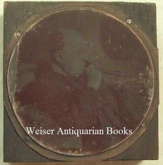 Item #67663 An Original Circular Engraved Metal Printing Plate With a Photographic Portrait of Aleister Crowley Smoking a Cigar That Was Used to Print the Illustration on one of His "Liber Oz" Postcards. Aleister - related material CROWLEY.