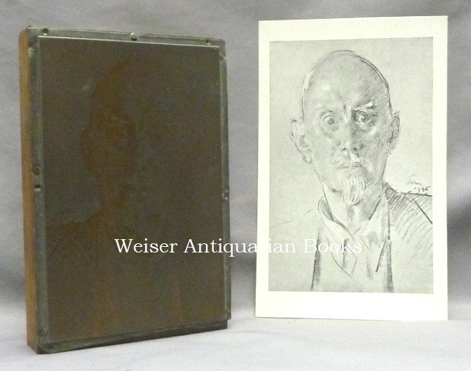 Item #67673 The Original Engraved Metal Printing Plate of a Portrait of Aleister Crowley by Augustus John which Crowley Used to Print a Post-card which he Distributed to Friends. With An Original Example of the Postcard. Aleister - related material CROWLEY, Augustus John.