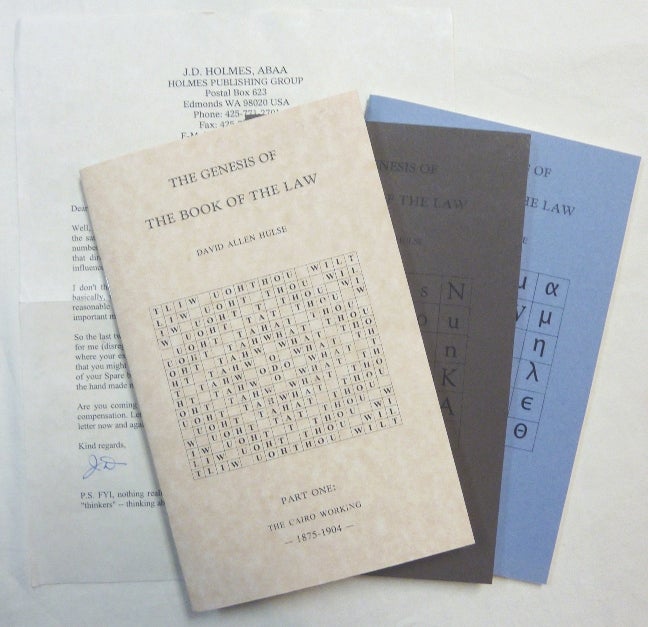 Item #68245 The Genesis of the Book of the Law. Part One: The Cairo Working - 1875-1904; Part Two: The Birth of the A.'. A.'. and the Legacy of the OTO - 1905-1914, and Part Three: The Coming of the Magical Child. 1915 - 1962 ( Three Volume Set ) With loosely inserted letter from the publisher. David Allen HULSE, Adrian Axworthy, Aleister Crowley related.