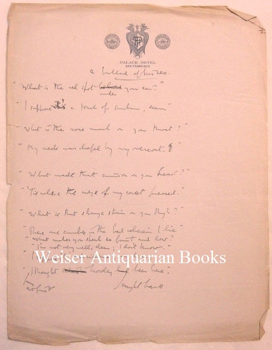 Item #68304 "A Ballad of Kisses," The original holograph manuscript of an apparently unpublished erotic/humorous poem dating from the period of Crowley's first involvement with his "Scarlet Woman" Hilarion (Jeanne Robert Foster); with whom he was then in an adulterous relationship. Aleister CROWLEY.