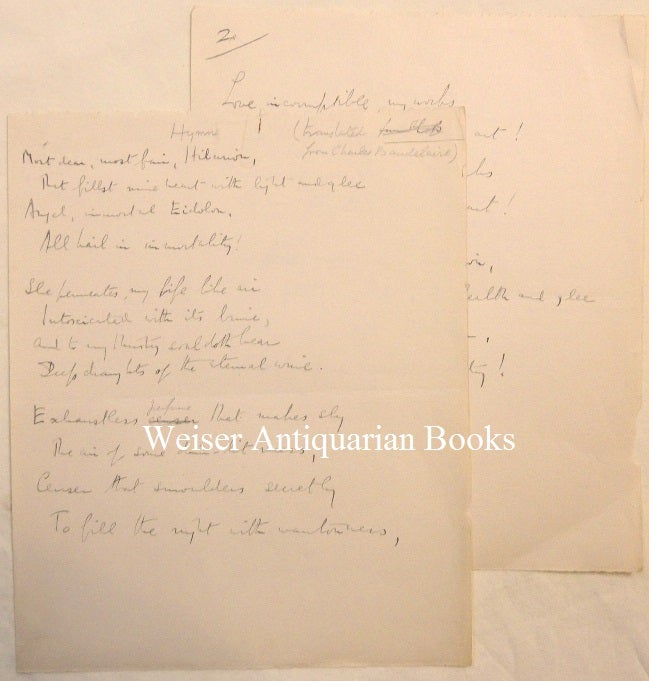 Item #68309 A two page holograph manuscript translation of Baudelaire's poem "Hymne" ("Hymn) by Aleister Crowley. Aleister CROWLEY, translates Charles Baudelaire.