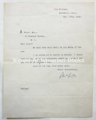 Item #68331 A Typed Letter, Signed, addressed to A. Starr, December 12th, 1929, from Knockholt,...