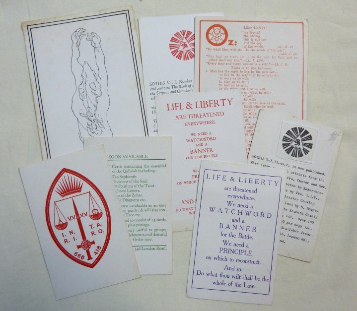 Item #68500 A collection of 8 promotional postcard produced by "Sothis" in the late 1970s. Varying themes and sizes. One has a reproduction of the central figure in Austin Osman Spare's "The Death Posture" on the recto, one "Liber Oz", two the Thelemic call to arms "Life & Liberty are threatened" etc. etc. whilst other have printed text advertising Sothis or rleated publications. 7 of the 8 have David Tibet's penciled ownership signature on the rear. Austin Osman Spare SOTHIS MAGAZINE, From the David Tibet collection.