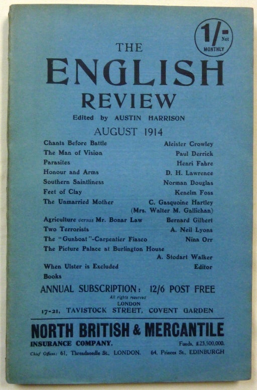 Item #69113 Aleister Crowley contributes a poem "Chants Before Battle" to The English Review, No. 69, August 1914. Aleister contributes to CROWLEY, Austin - HARRISON, authors.