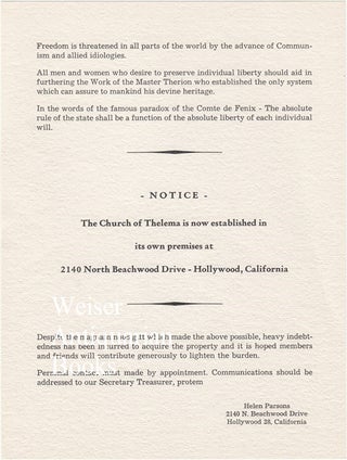 Item #69814 Notice. The Church of Thelema is Now Established. W. T. SMITH, Helen Parsons Smith