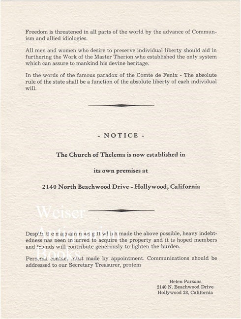 Item #69814 Notice. The Church of Thelema is Now Established. W. T. SMITH, Helen Parsons Smith.