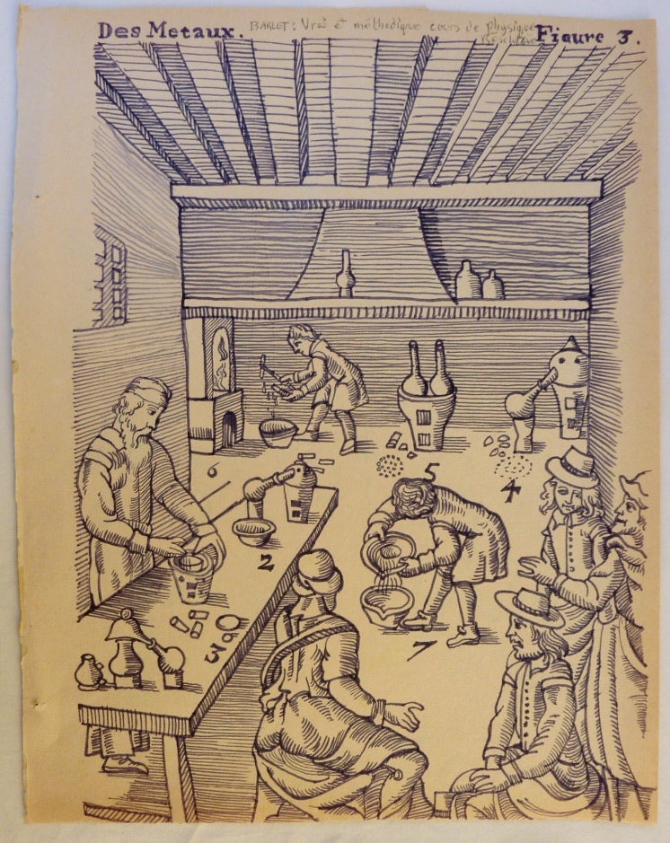 Item #70455 "Des Metaux." A Pen Drawing by Robert Lenkiewicz after a woodcut of alchemists at work in Annibal Barlet's 'Le Vray et Methodique Cours de la Physique Resolutive Vulgairement dite Chymie' (1657). Lenkiewicz's drawing is undated, but was probably executed in the 1970s. Robert LENKIEWICZ.