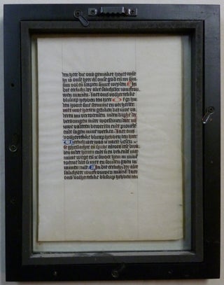 A Medieval Illuminated vellum Manuscript Leaf from a Book of Hours. Probably produced by a female scribe in the Convent of St Agnes, Delft. Circa 1450.
