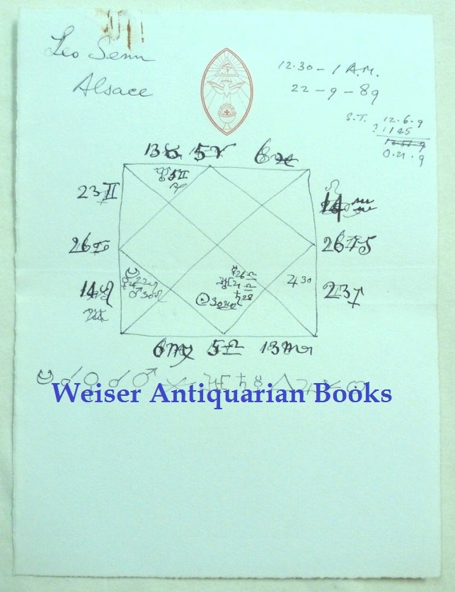 Item #70970 A Handwritten and Drawn Astrological Natal Chart, for Leo Senn Prepared by Aleister Crowley. Aleister CROWLEY.