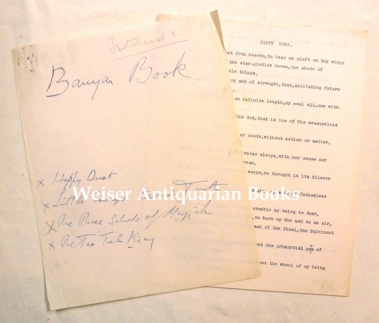 Item #70973 "Happy Dust." A lengthy paean to cocaine use in the form of a 5 page typescript of the long poem "Happy Dust," with annotations in the hand of Crowley, and a handwritten cover sheet showing that (in addition to two published appearances) he planned to include it in "Banyan Book," a publication that he planned which never came to fruition. Aleister CROWLEY.