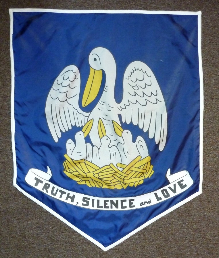 Item #71939 Two Original Temple Banners - Eagle and Pelican - used in Fifth Degree Initiation Rituals of the Brocken Mountain Lodge of the Ordo Templi Orientis. Ordo Templi Orientis, J. Edward Cornelius - "Jerry Cornelius", Aleister Crowley: related works.