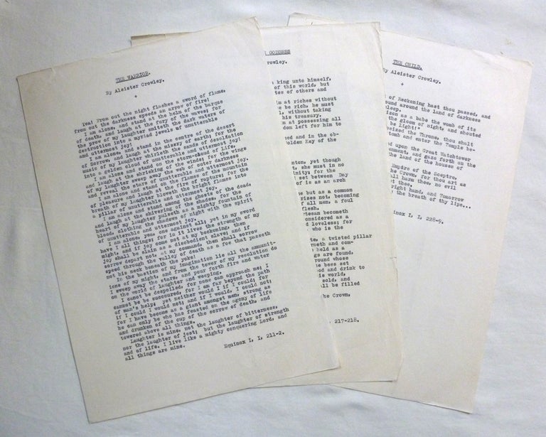Item #72038 Single-page typescript copies of three short works by Crowley: "The Warrior", "The King and the Goddess" and "The Child" Aleister CROWLEY.