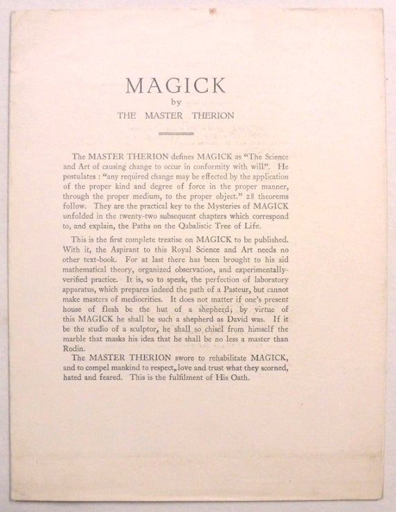 Item #72174 An original prospectus for the 1929 first edition of Crowley's "Magick" (also known as "Magick in Theory and Practice", or "Book Four / Book 4, Part III") plus an original subscription form. Aleister CROWLEY, The Master Therion.