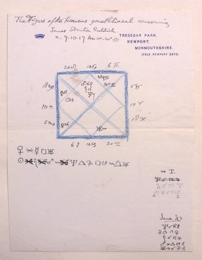Item #72175 A Handwritten and Drawn Astrological Natal Chart, for James Stanton Redditch Prepared by Aleister Crowley. Aleister CROWLEY.
