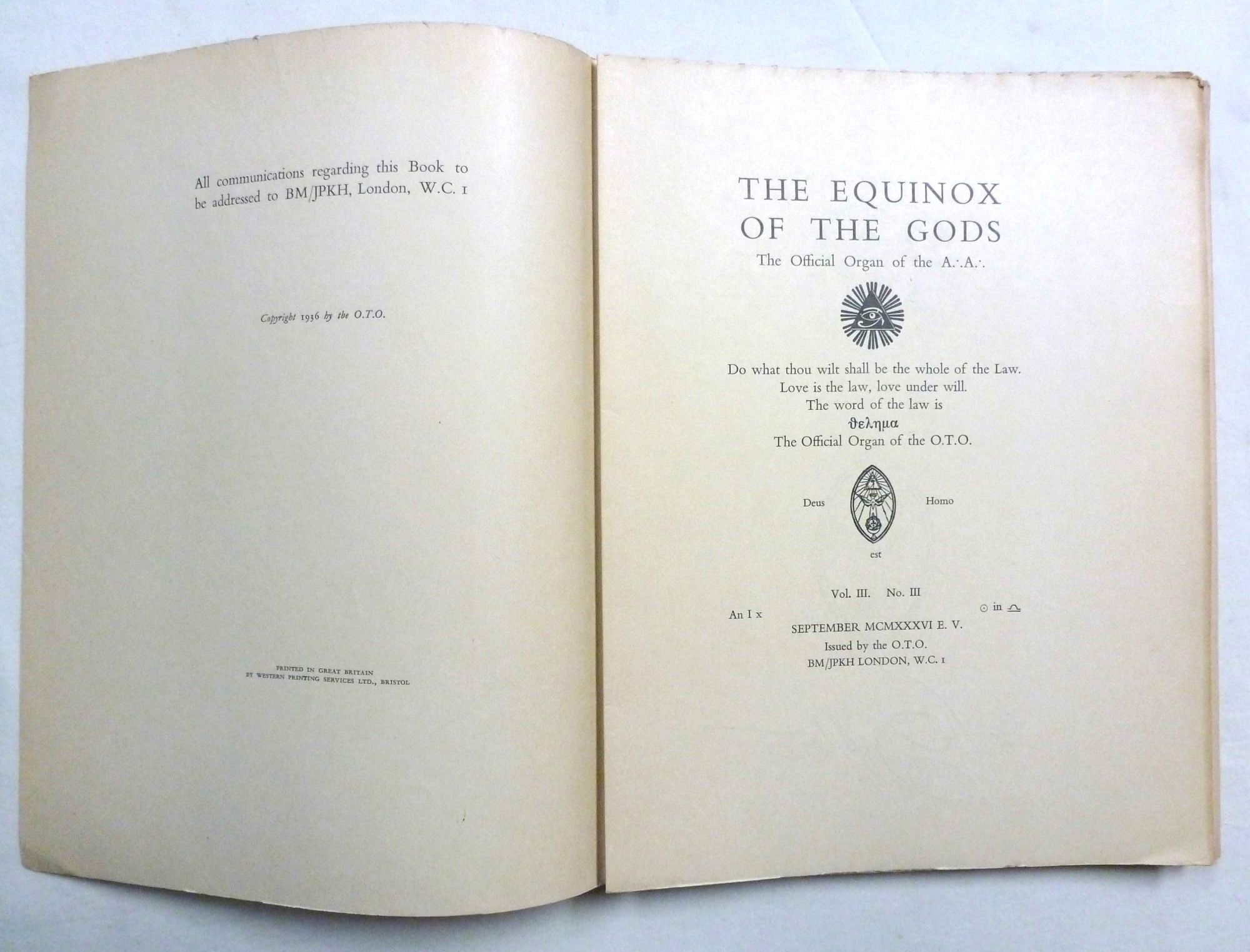 A set of original sheets for an unbound copy of The Equinox of the Gods ...