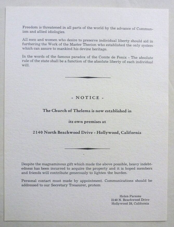 Item #73182 Notice. The Church of Thelema is Now Established. W. T. SMITH, Helen Parsons Smith.