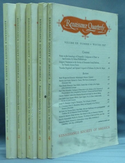 Item #8740 Renaissance Quarterly ( 5 issues ) Vol. XX, No. 1 (Spring, 1967), Vol. XX, No. 2 (Summer, 1967), Vol. XX, No. 4 (Winter, 1967), Vol. XXI, No. 2 ( Summer, 1968) and Vol. XXII, No. 4. (Winter, 1969). Elizabeth Story DONNO, Contributors.
